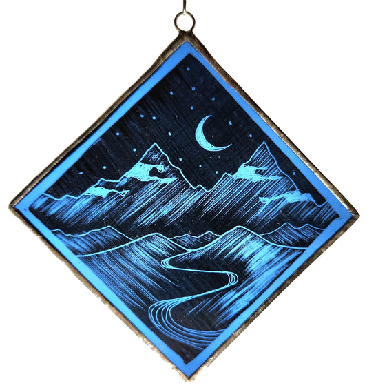 Blue Square Stained Glass Ornament, Towering Mountains