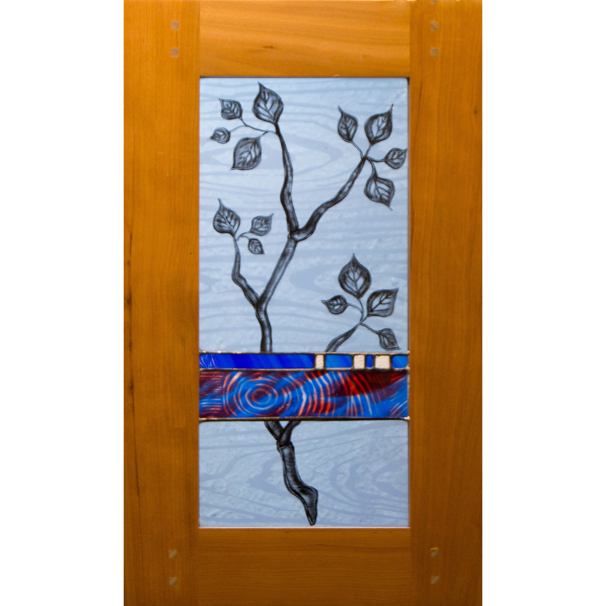 Leaves with Blue and Red Band, Large Stained Glass Window Hanging