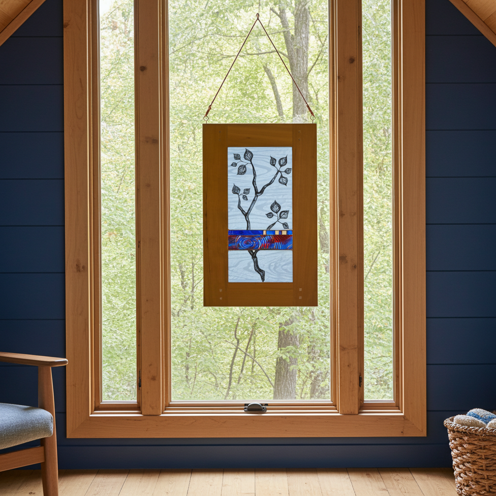 Leaves with Blue and Red Band, Large Stained Glass Window Hanging