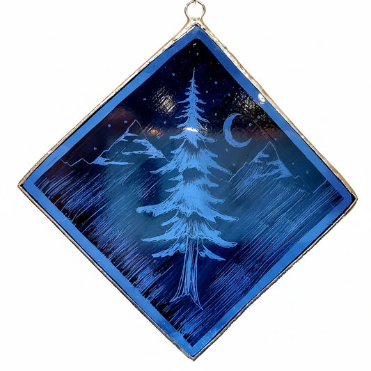 Square Stained Glass Ornament, Lone Tree