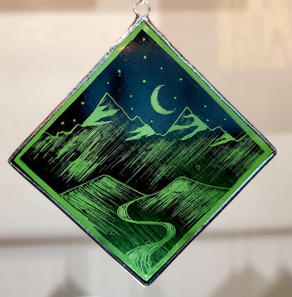 Square Stained Glass Ornament, Green Night