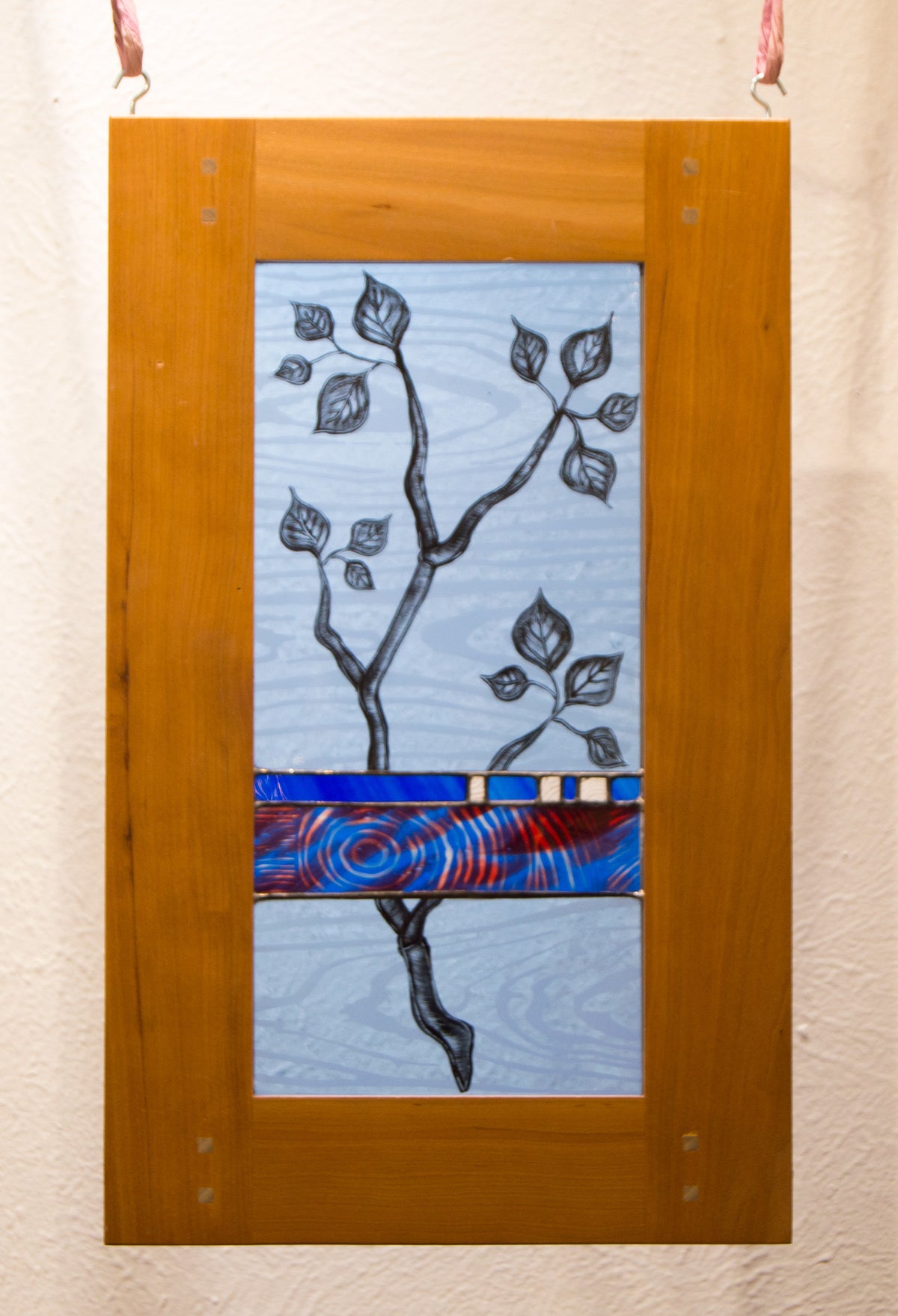 Leaves with Blue and Red Band, Large Stained Glass Window Hanging