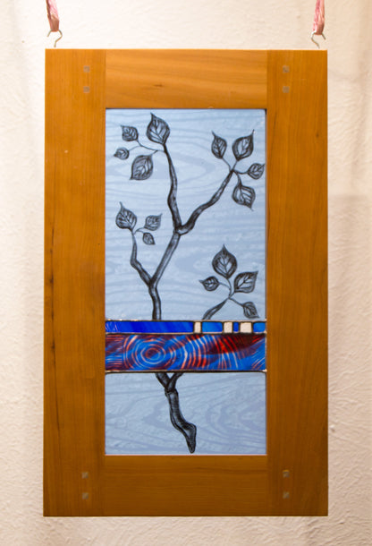 Leaves with Blue and Red Band, Large Stained Glass Window Hanging