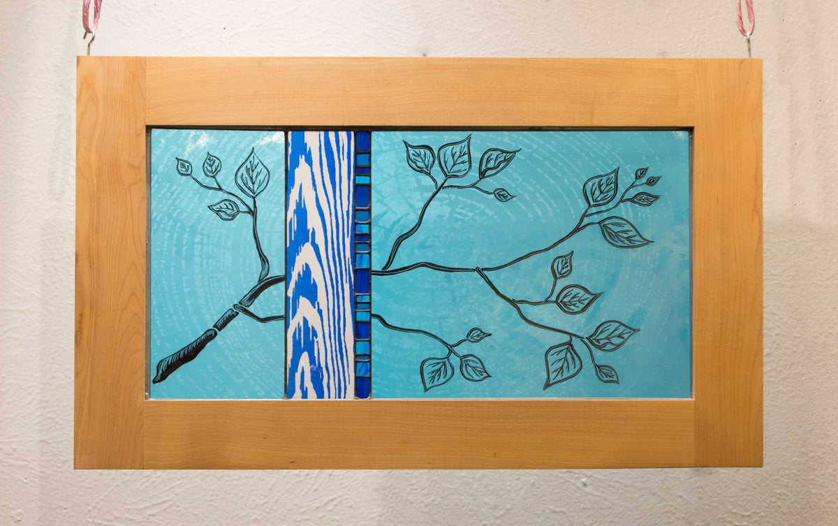 Teal and Blue Branch, Large Stained Glass Window Hanging