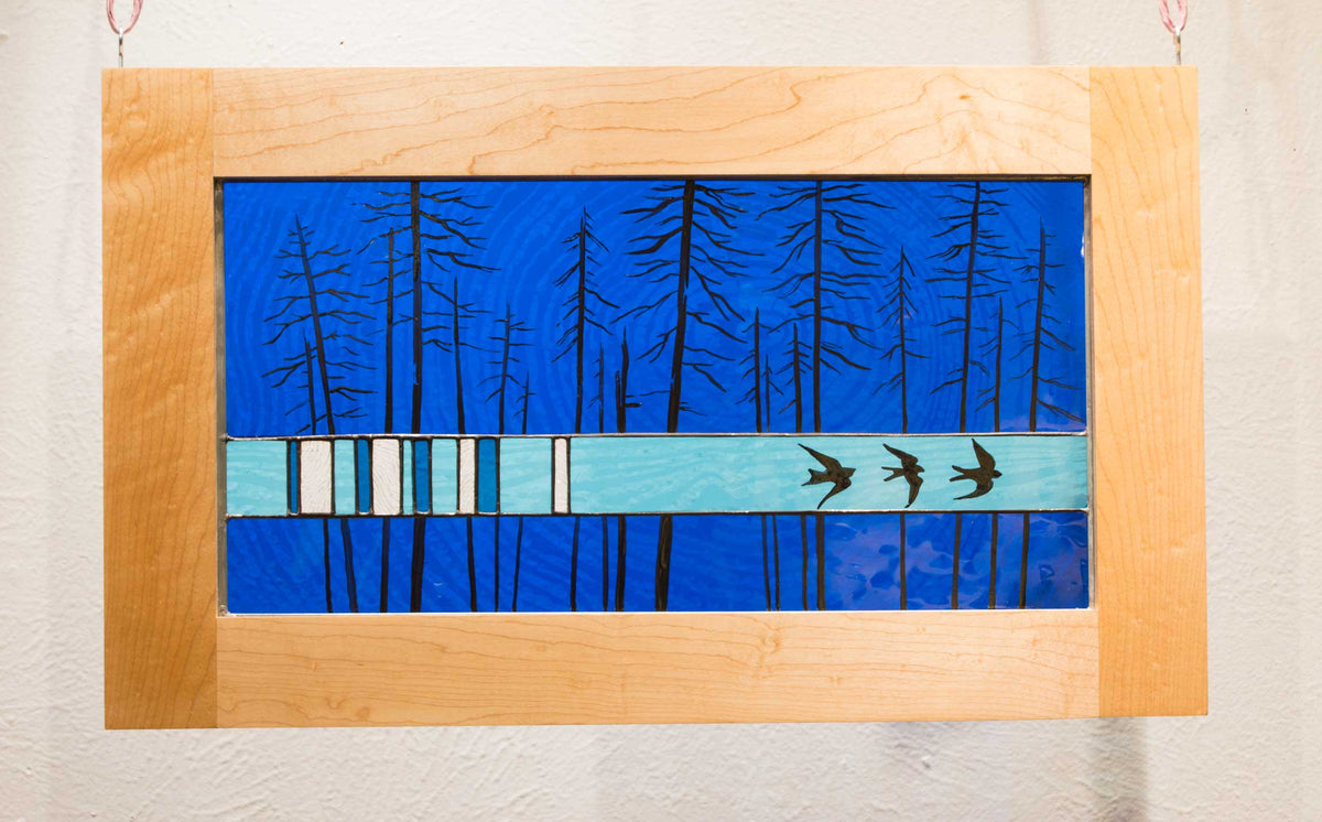 Dark Blue Birds, Large Stained Glass Window Hanging